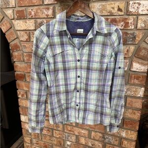 Columbia Plaid Button Down Sun Shirt - Blue and Green - SPF